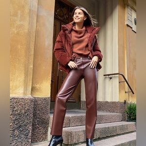 Aritzia Wilfred The Melina High Rise Cognac Faux Leather Straight Leg Pants Sz 4